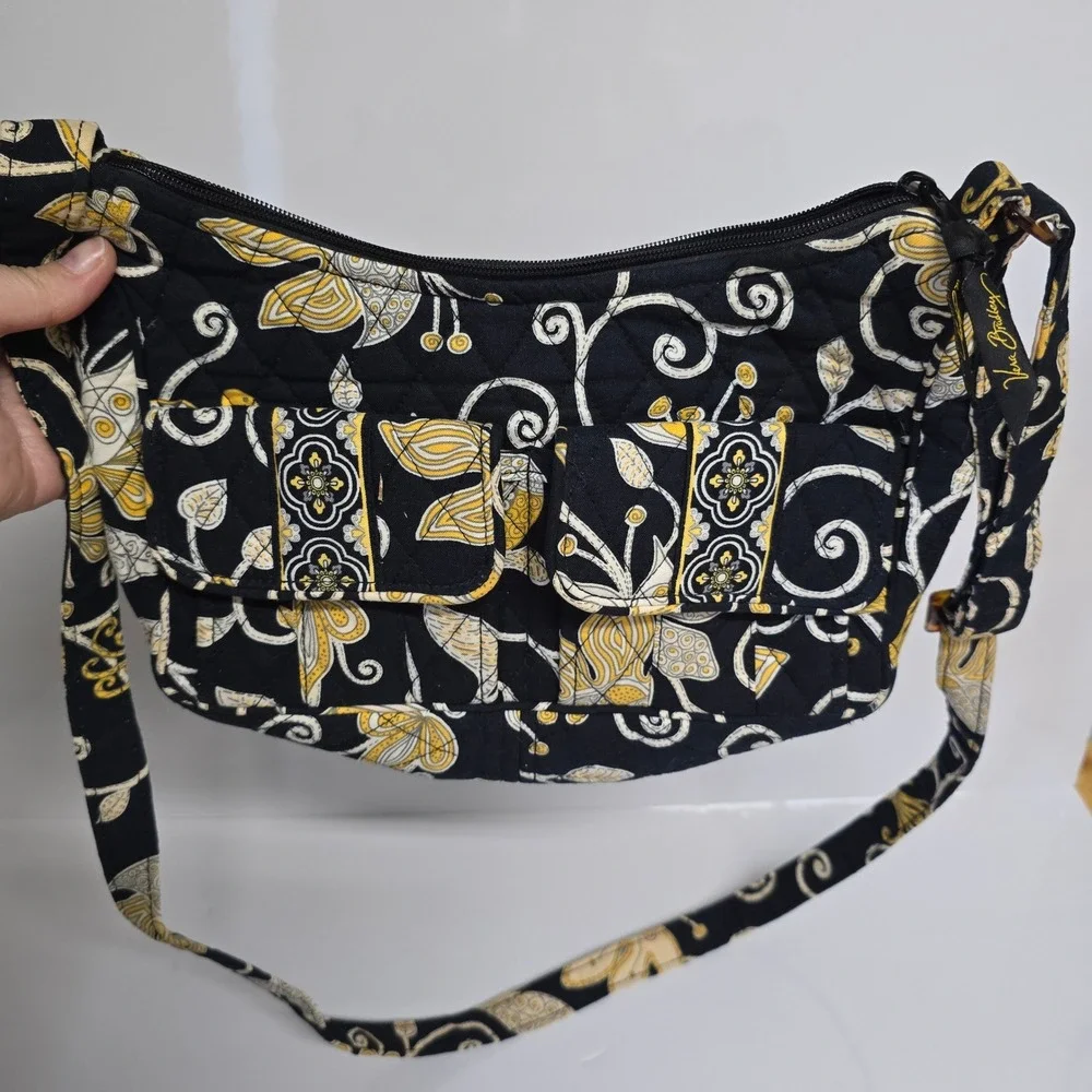 Vera Bradley Quilted Crossbody Bag Womens Black Yellow Bird Floral Boho - Picture 1 of 13